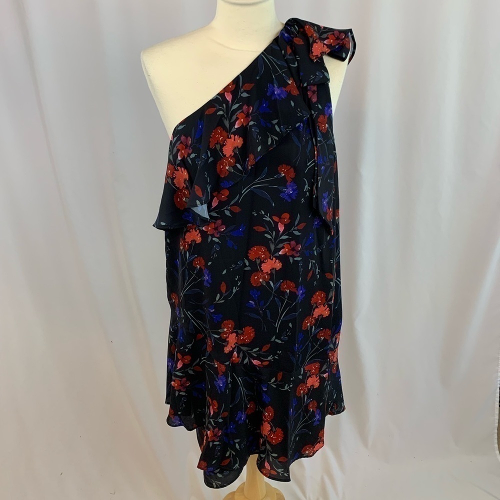 Revolve Parker Black Floral One Shoulder Ruffle Dress